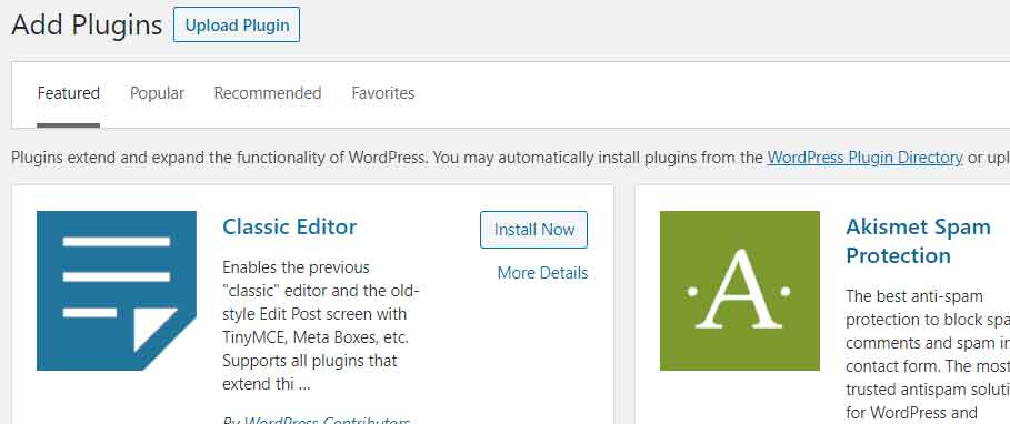 Plugins section in WordPress